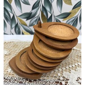 VTG 70s MCM Coaster Set Wood and Cork Handcarved Sere with Holder